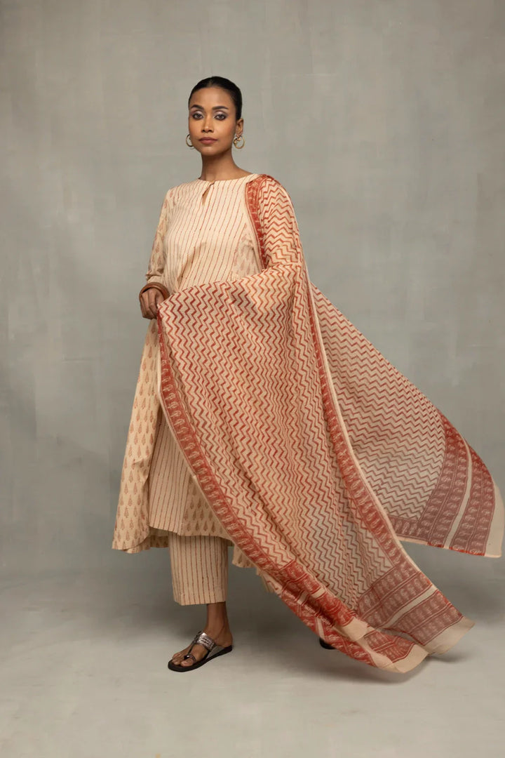Terracotta and Cream Block Printed Kurta Set with Dupatta | SHOBITAM