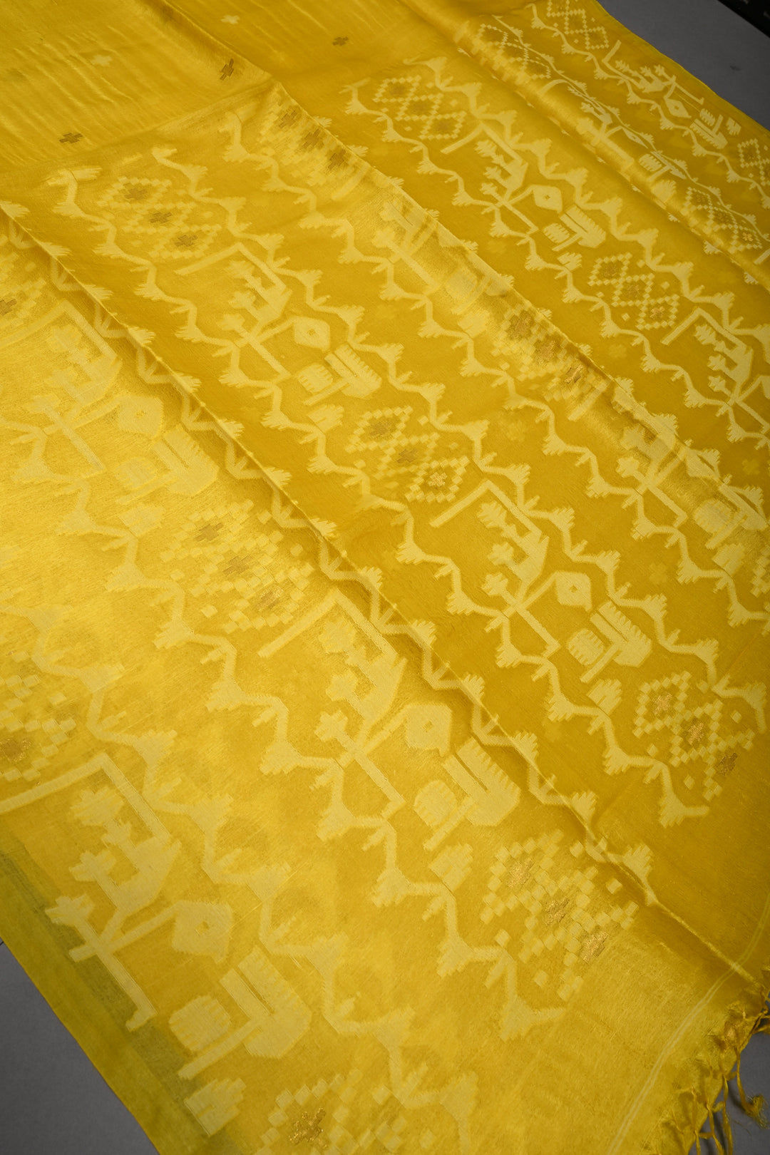 Sunflower Yellow Tussar Silk Saree with Jamdani Weave Buttas and Border  | SILK MARK CERTIFIED | SHOBITAM