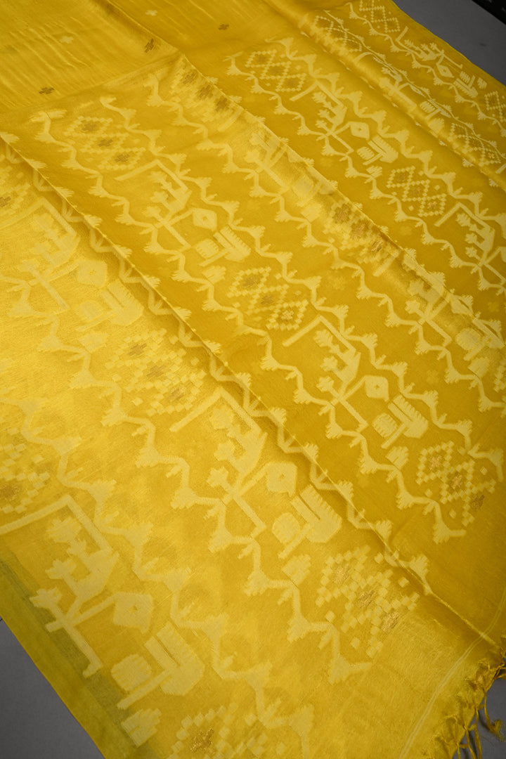 Sunflower Yellow Tussar Silk Saree with Jamdani Weave Buttas and Border  | SILK MARK CERTIFIED | SHOBITAM