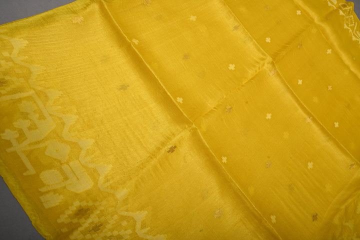 Sunflower Yellow Tussar Silk Saree with Jamdani Weave Buttas and Border  | SILK MARK CERTIFIED | SHOBITAM