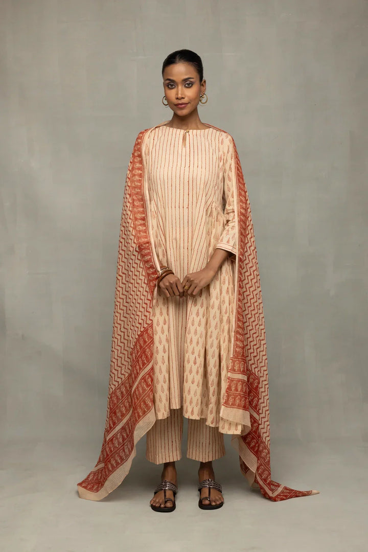 Terracotta and Cream Block Printed Kurta Set with Dupatta | SHOBITAM