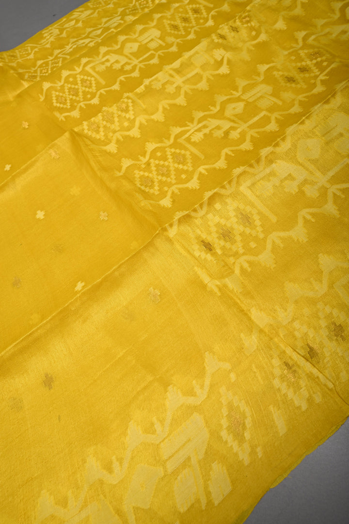 Sunflower Yellow Tussar Silk Saree with Jamdani Weave Buttas and Border  | SILK MARK CERTIFIED | SHOBITAM
