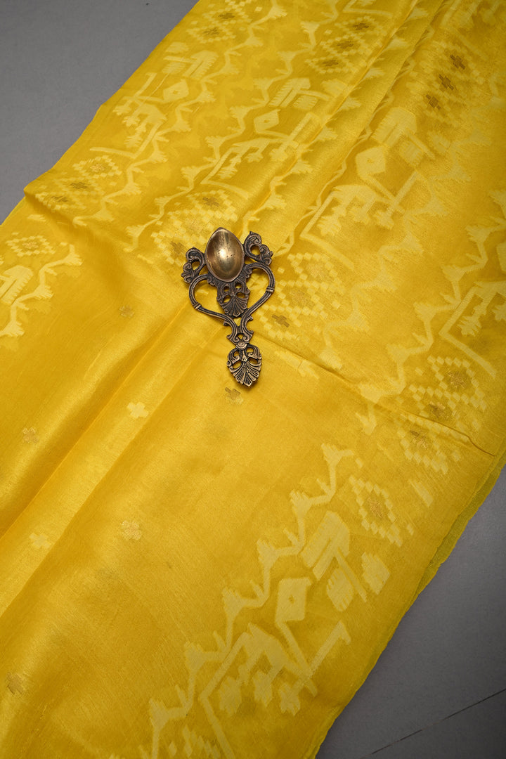 Sunflower Yellow Tussar Silk Saree with Jamdani Weave Buttas and Border  | SILK MARK CERTIFIED | SHOBITAM