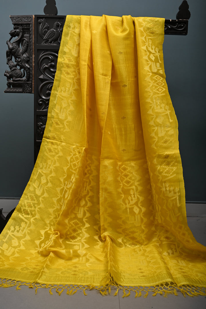 Sunflower Yellow Tussar Silk Saree with Jamdani Weave Buttas and Border  | SILK MARK CERTIFIED | SHOBITAM