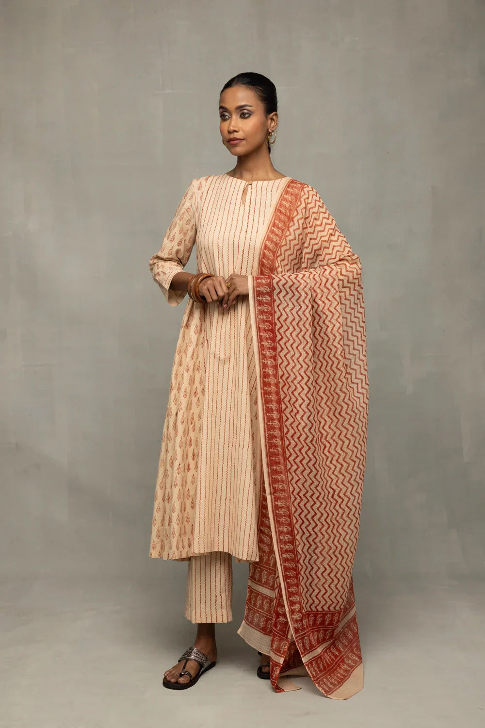 Terracotta and Cream Block Printed Kurta Set with Dupatta | SHOBITAM