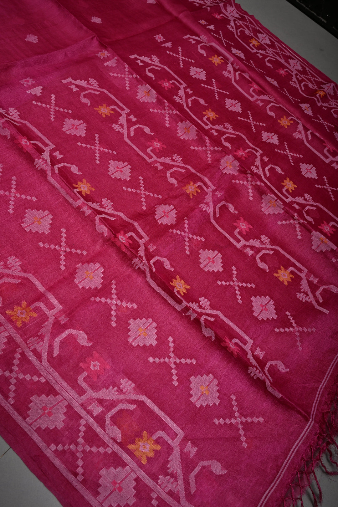 Magenta Tussar Silk Saree with Jamdani Weave Buttas and Border  | SILK MARK CERTIFIED | SHOBITAM