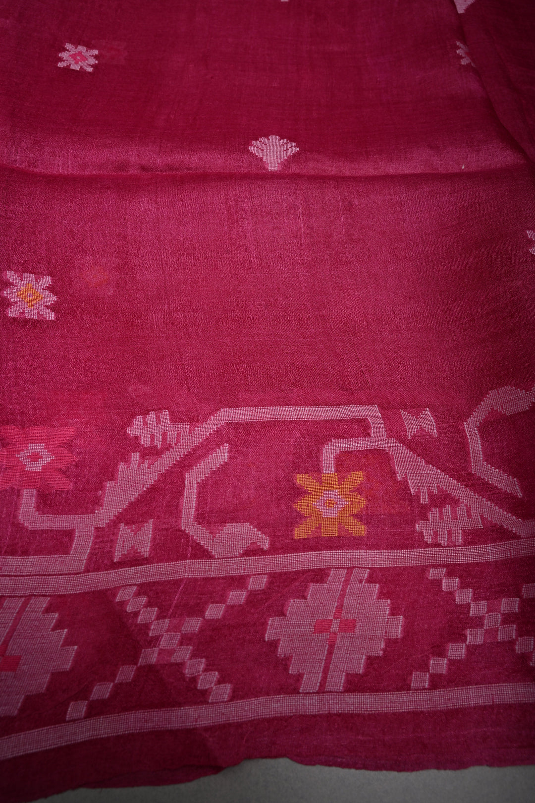Magenta Tussar Silk Saree with Jamdani Weave Buttas and Border  | SILK MARK CERTIFIED | SHOBITAM