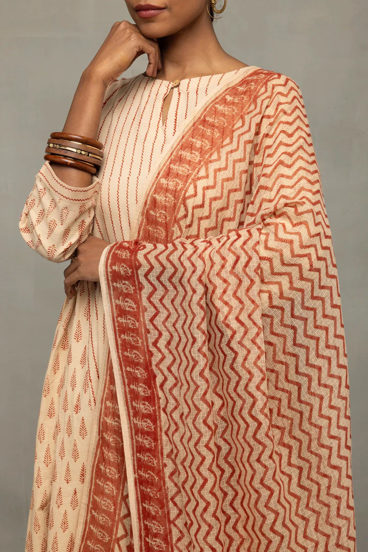 Terracotta and Cream Block Printed Kurta Set with Dupatta | SHOBITAM