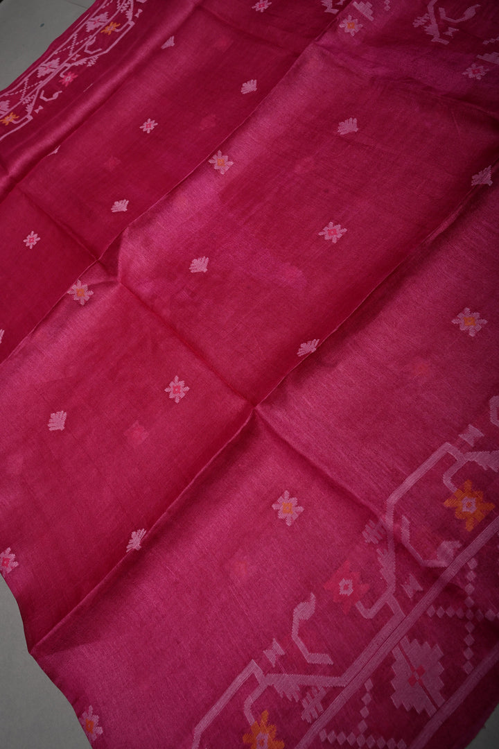 Magenta Tussar Silk Saree with Jamdani Weave Buttas and Border  | SILK MARK CERTIFIED | SHOBITAM