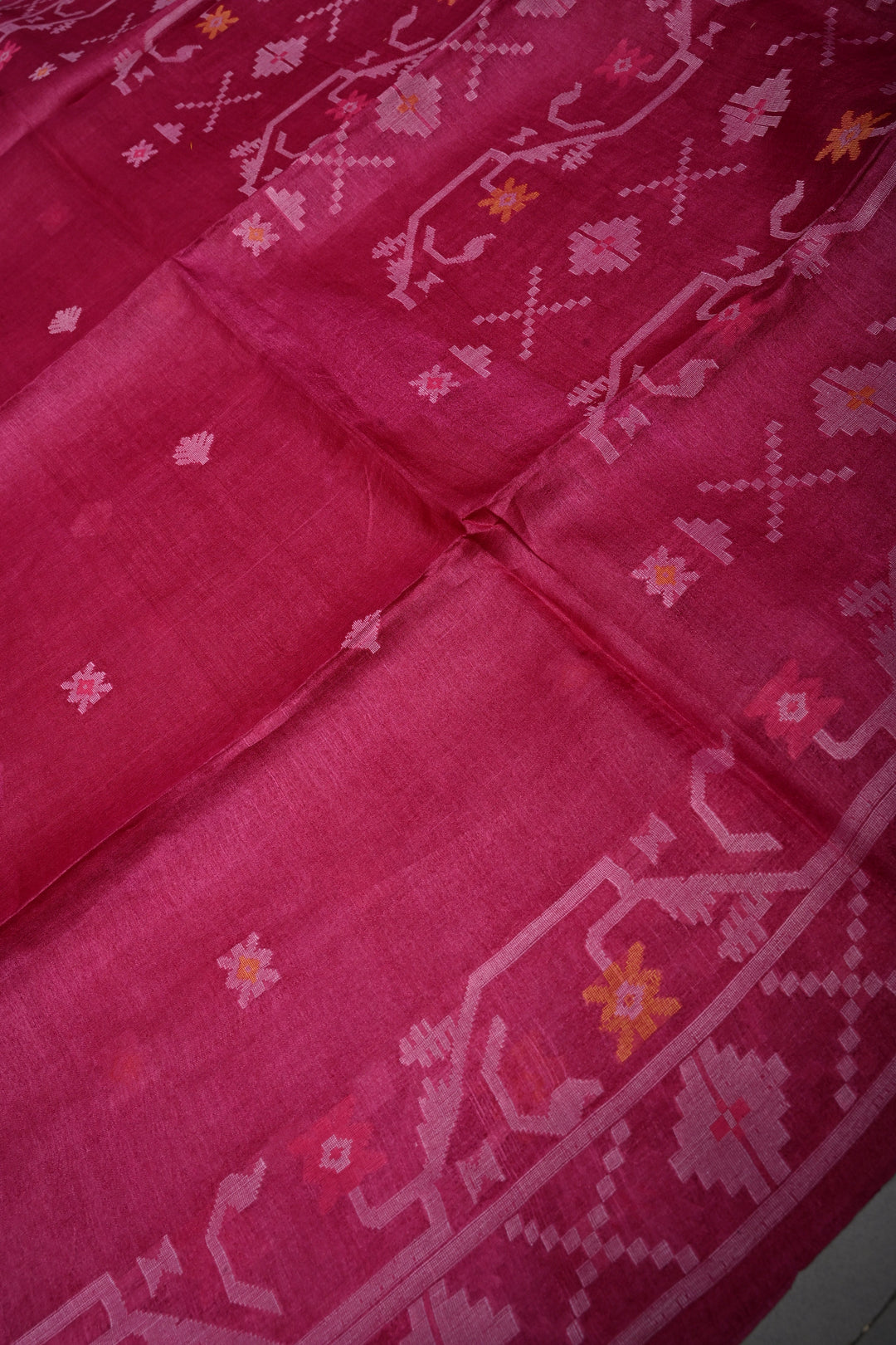 Magenta Tussar Silk Saree with Jamdani Weave Buttas and Border  | SILK MARK CERTIFIED | SHOBITAM