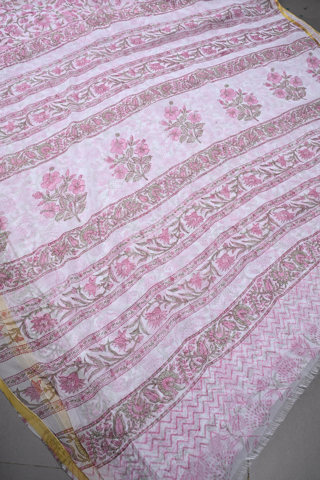 White-Pink Georgette Saree with Sanganeri Hand Block Print and Minimal Tissue Border | SHOBITAM