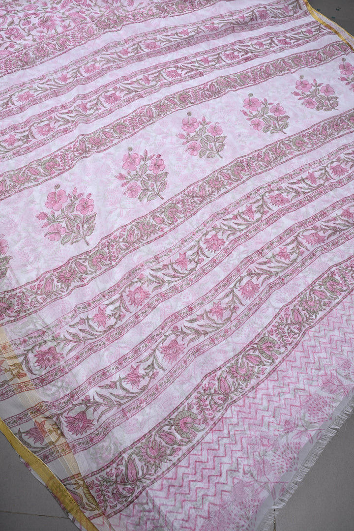 White-Pink Georgette Saree with Sanganeri Hand Block Print and Minimal Tissue Border | SHOBITAM