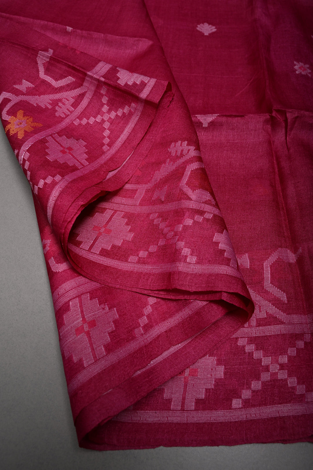 Magenta Tussar Silk Saree with Jamdani Weave Buttas and Border  | SILK MARK CERTIFIED | SHOBITAM