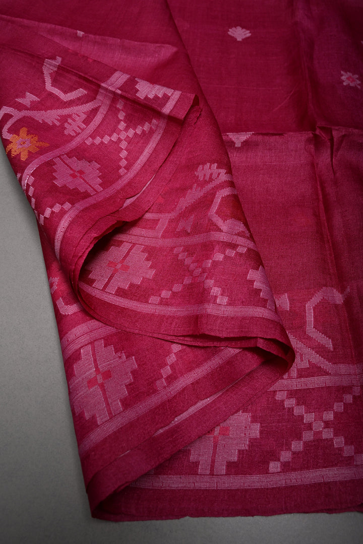 Magenta Tussar Silk Saree with Jamdani Weave Buttas and Border  | SILK MARK CERTIFIED | SHOBITAM