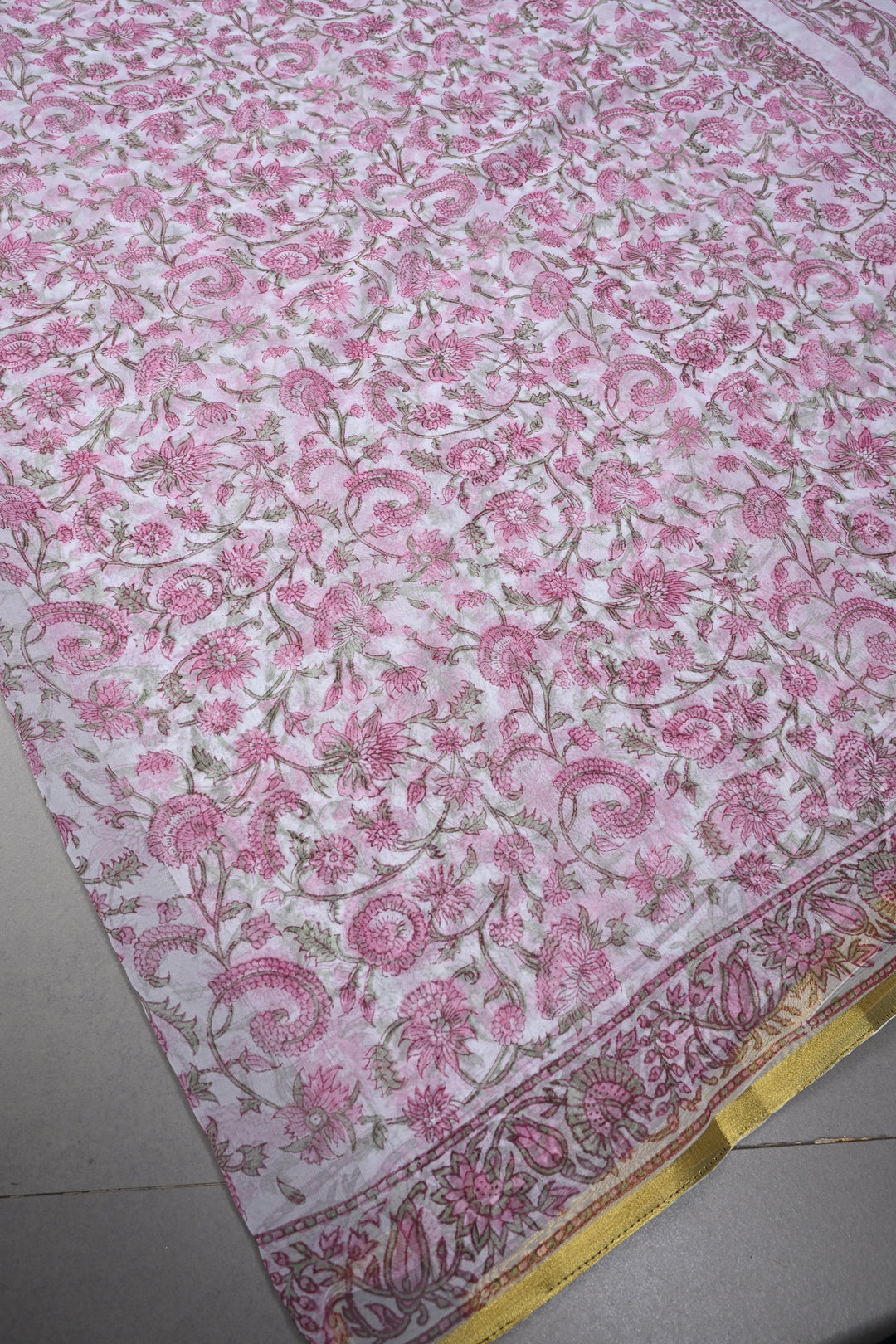 White-Pink Georgette Saree with Sanganeri Hand Block Print and Minimal Tissue Border | SHOBITAM