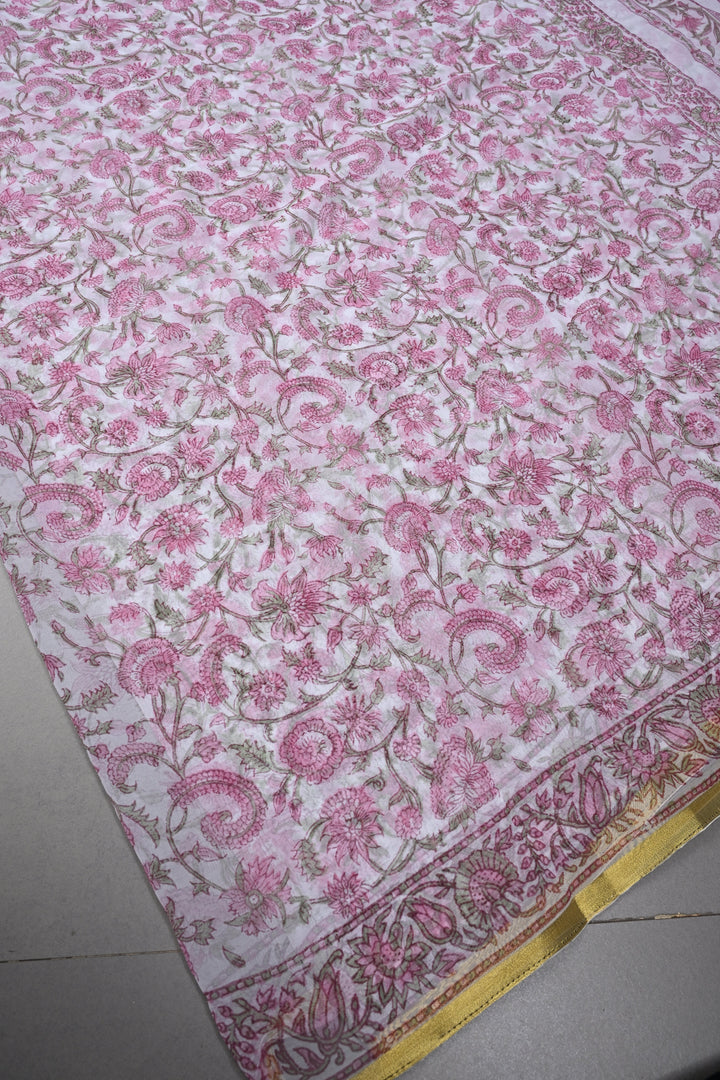 White-Pink Georgette Saree with Sanganeri Hand Block Print and Minimal Tissue Border | SHOBITAM