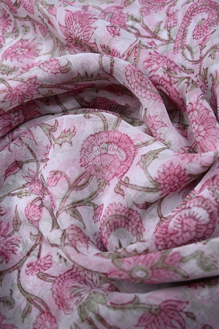 White-Pink Georgette Saree with Sanganeri Hand Block Print and Minimal Tissue Border | SHOBITAM