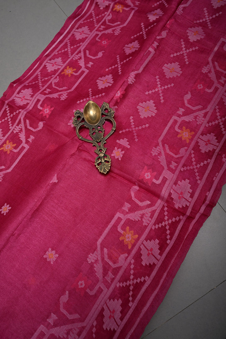 Magenta Tussar Silk Saree with Jamdani Weave Buttas and Border  | SILK MARK CERTIFIED | SHOBITAM