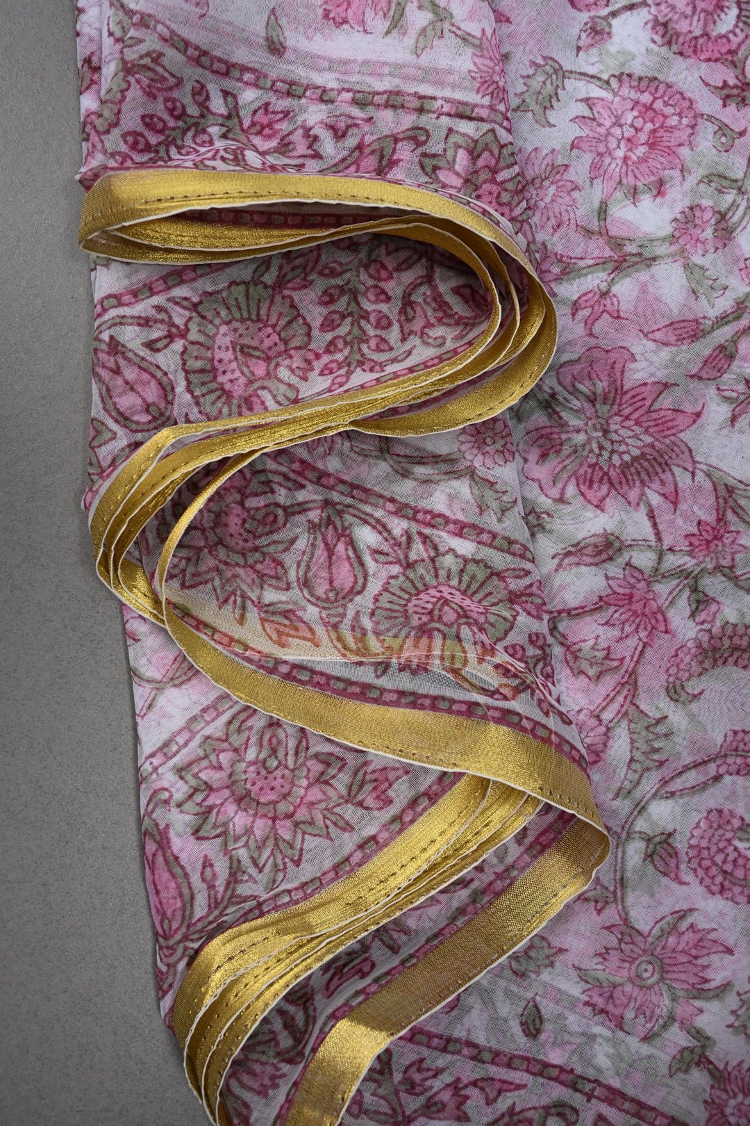 White-Pink Georgette Saree with Sanganeri Hand Block Print and Minimal Tissue Border | SHOBITAM
