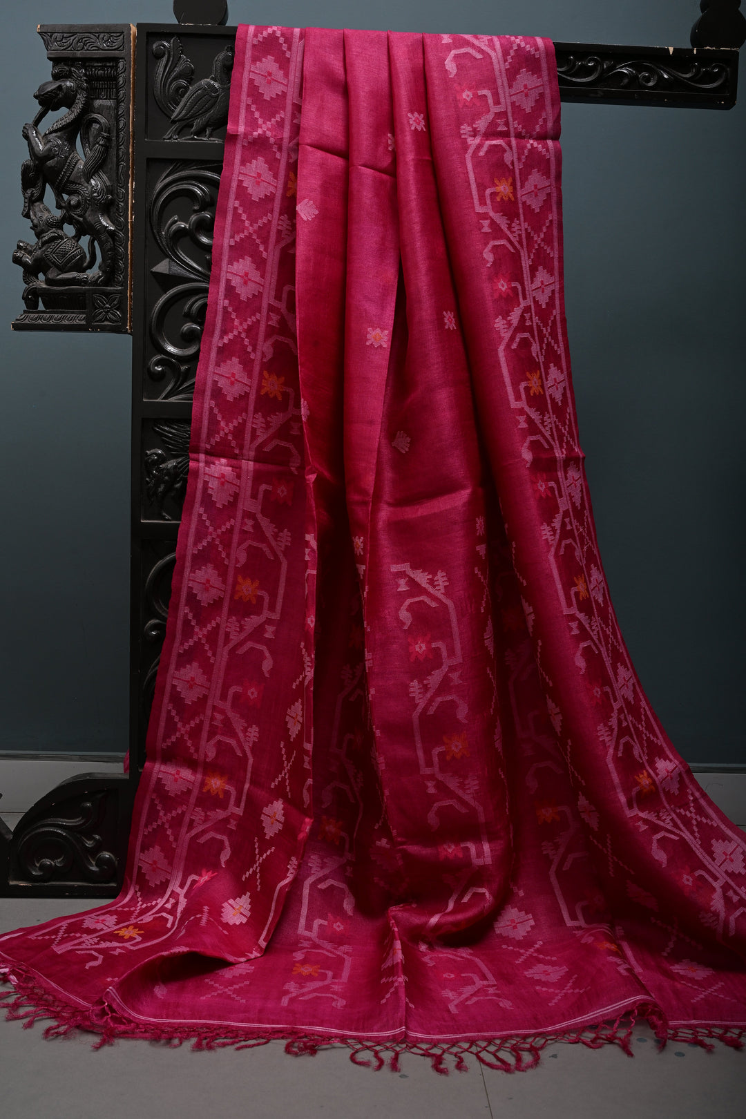 Magenta Tussar Silk Saree with Jamdani Weave Buttas and Border  | SILK MARK CERTIFIED | SHOBITAM