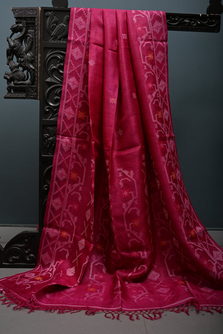 Magenta Tussar Silk Saree with Jamdani Weave Buttas and Border  | SILK MARK CERTIFIED | SHOBITAM