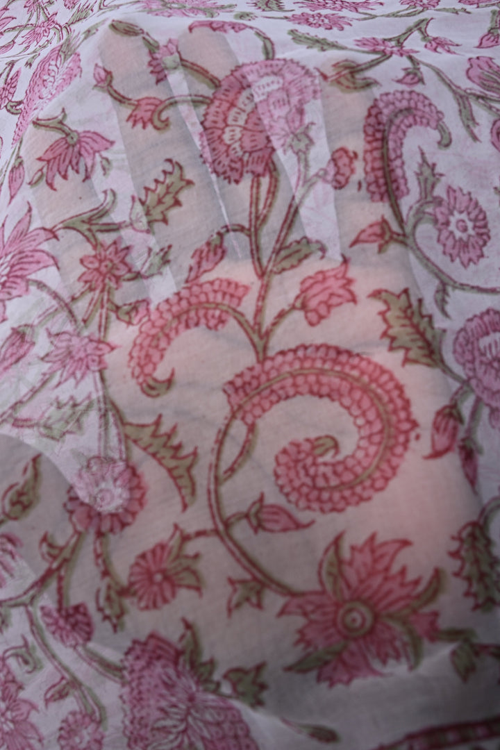 White-Pink Georgette Saree with Sanganeri Hand Block Print and Minimal Tissue Border | SHOBITAM