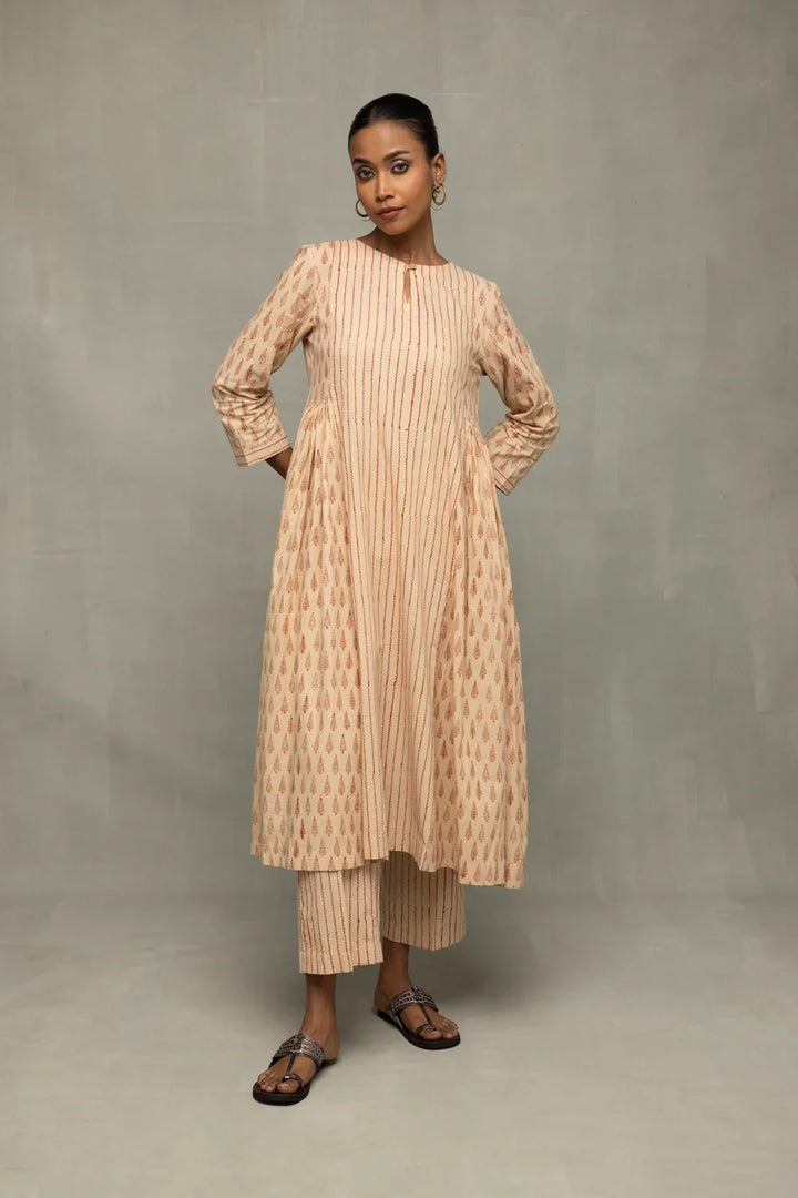 Terracotta and Cream Block Printed Kurta Set with Dupatta | SHOBITAM