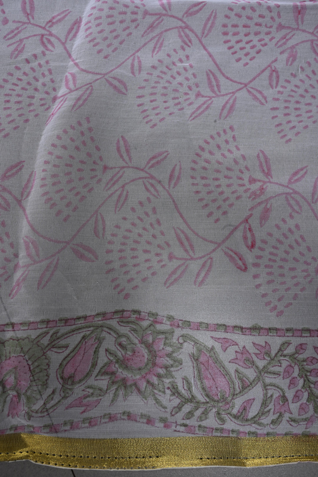 White-Pink Georgette Saree with Sanganeri Hand Block Print and Minimal Tissue Border | SHOBITAM