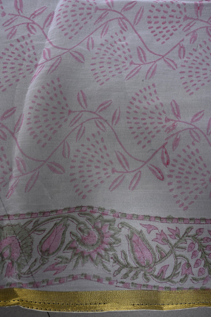 White-Pink Georgette Saree with Sanganeri Hand Block Print and Minimal Tissue Border | SHOBITAM