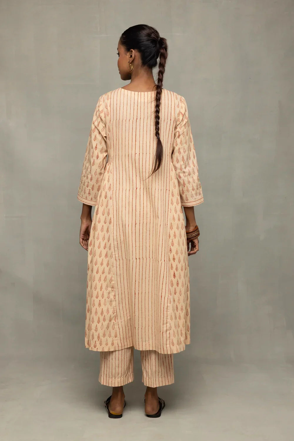 Terracotta and Cream Block Printed Kurta Set with Dupatta | SHOBITAM