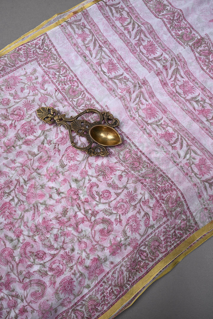 White-Pink Georgette Saree with Sanganeri Hand Block Print and Minimal Tissue Border | SHOBITAM