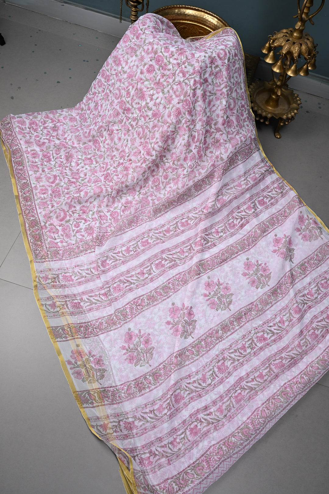 White-Pink Georgette Saree with Sanganeri Hand Block Print and Minimal Tissue Border | SHOBITAM