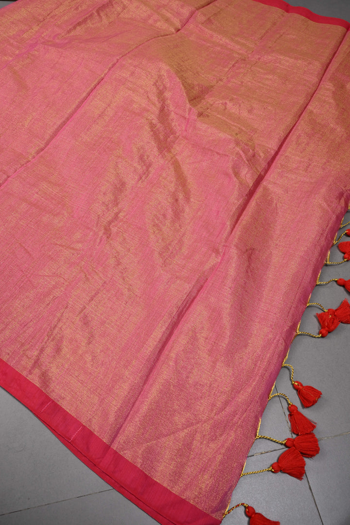 Pink-Gold Tissue by Tissue Saree with Minimal Border ,No Blouse Piece| SHOBITAM