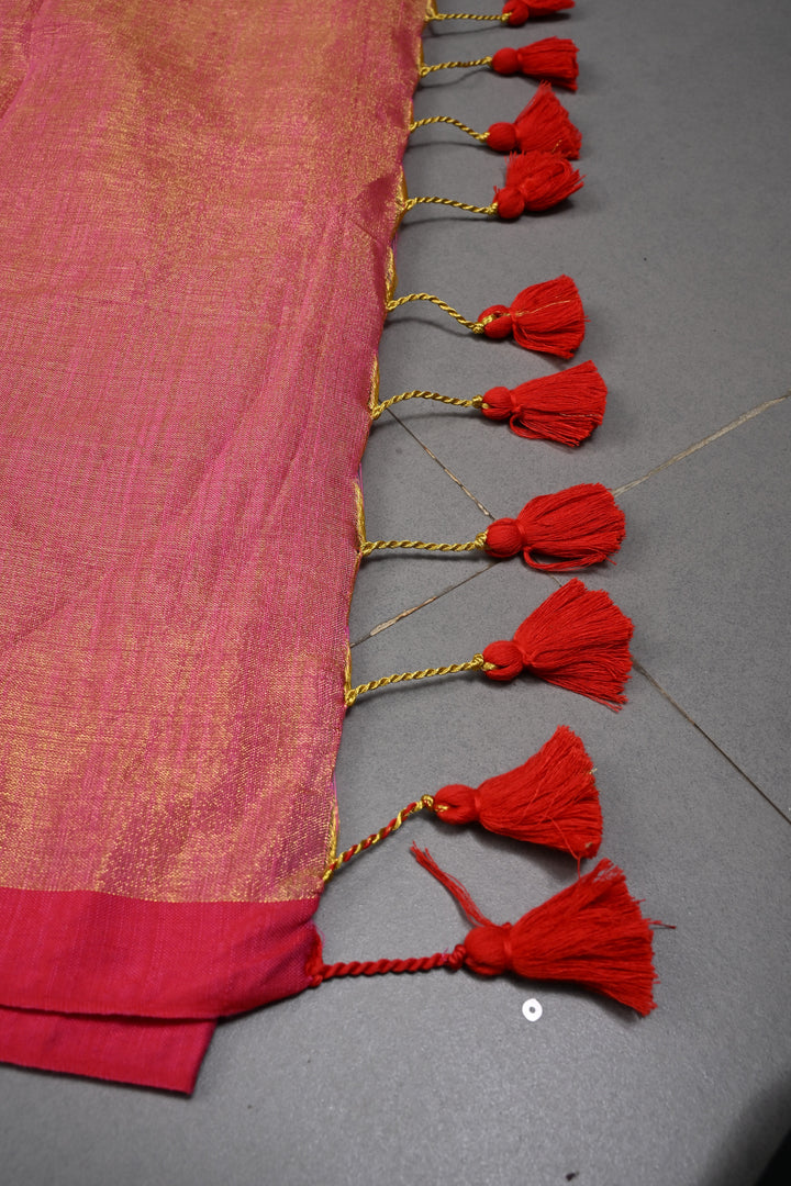 Pink-Gold Tissue by Tissue Saree with Minimal Border ,No Blouse Piece| SHOBITAM