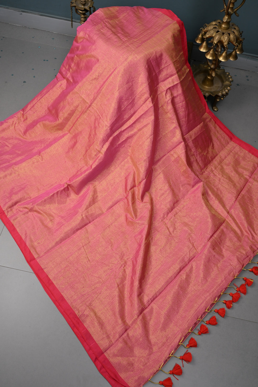 Pink-Gold Tissue by Tissue Saree with Minimal Border ,No Blouse Piece| SHOBITAM