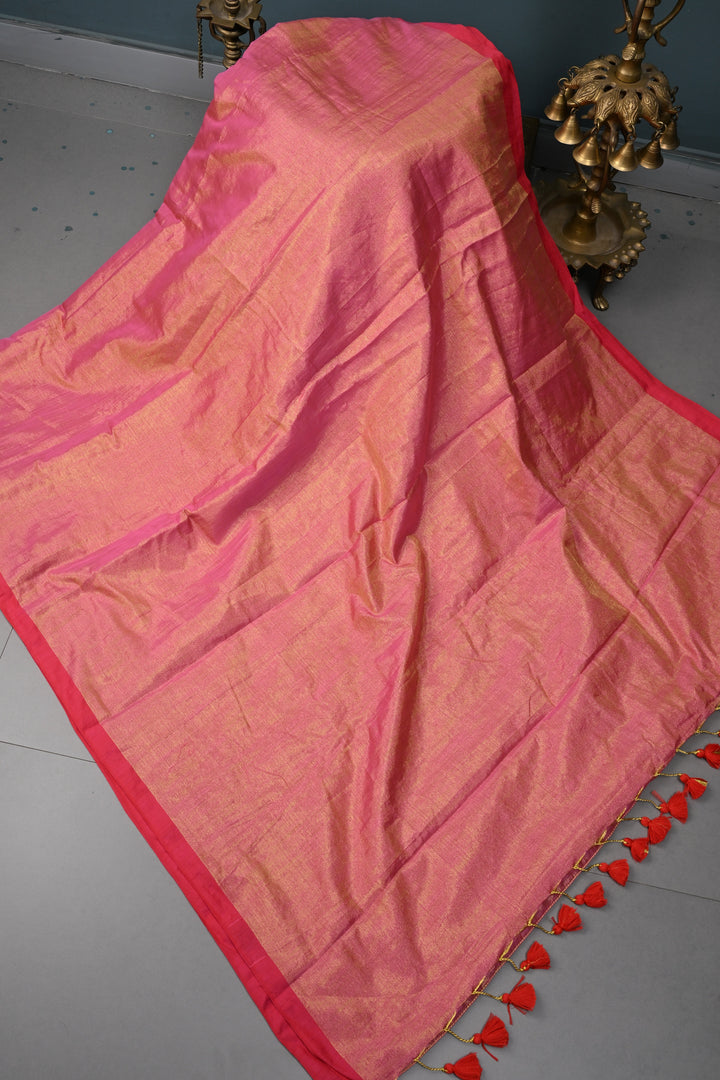 Pink-Gold Tissue by Tissue Saree with Minimal Border ,No Blouse Piece| SHOBITAM