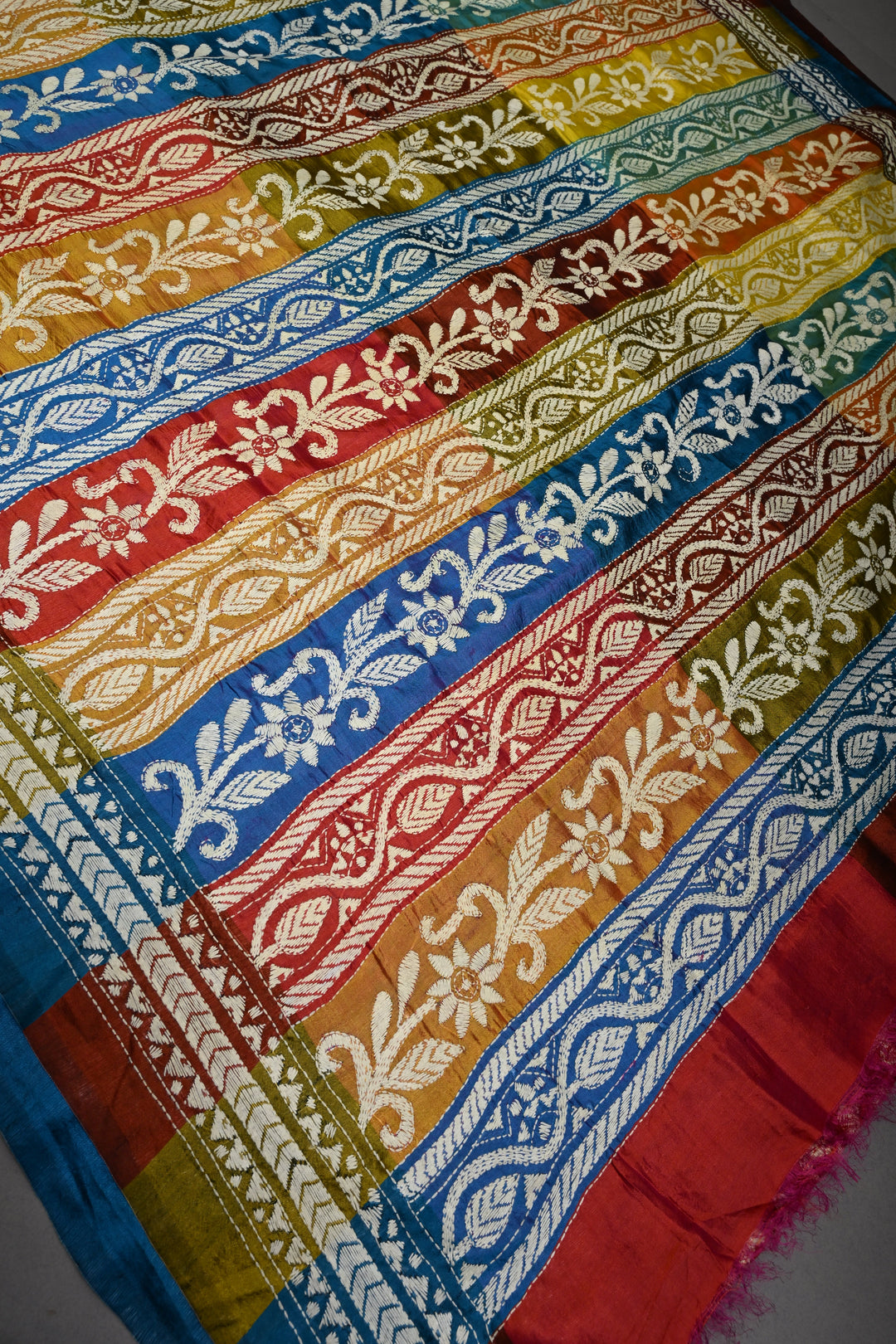 Pure Katan Silk Saree in Rust and Multicolor Pallu with intricate Hand Kantha Embroidery | SILK MARK CERTIFIED | SHOBITAM