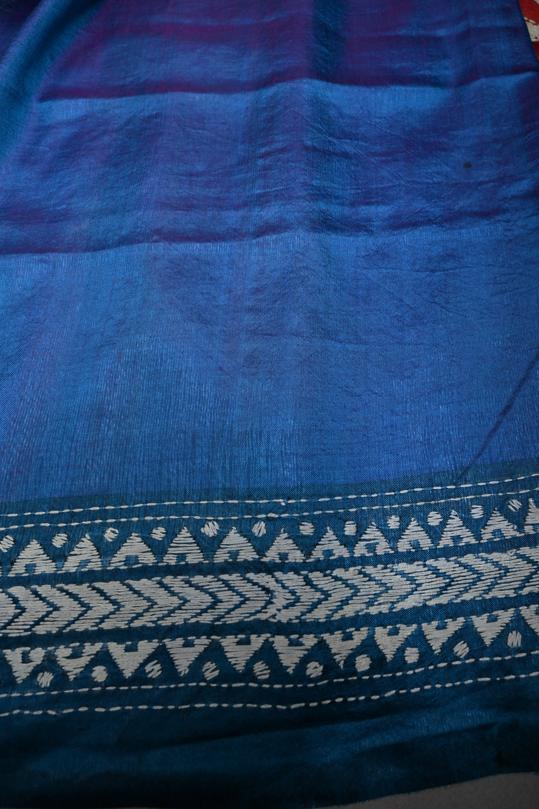Pure Katan Silk Saree in Rust and Multicolor Pallu with intricate Hand Kantha Embroidery | SILK MARK CERTIFIED | SHOBITAM