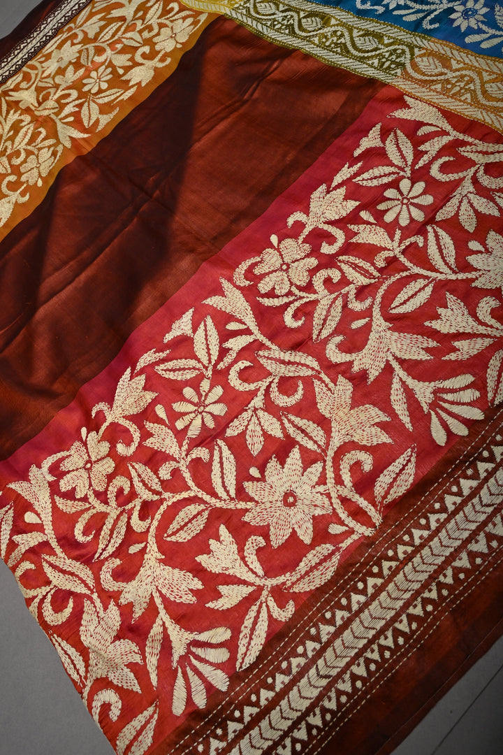 Pure Katan Silk Saree in Rust and Multicolor Pallu with intricate Hand Kantha Embroidery | SILK MARK CERTIFIED | SHOBITAM