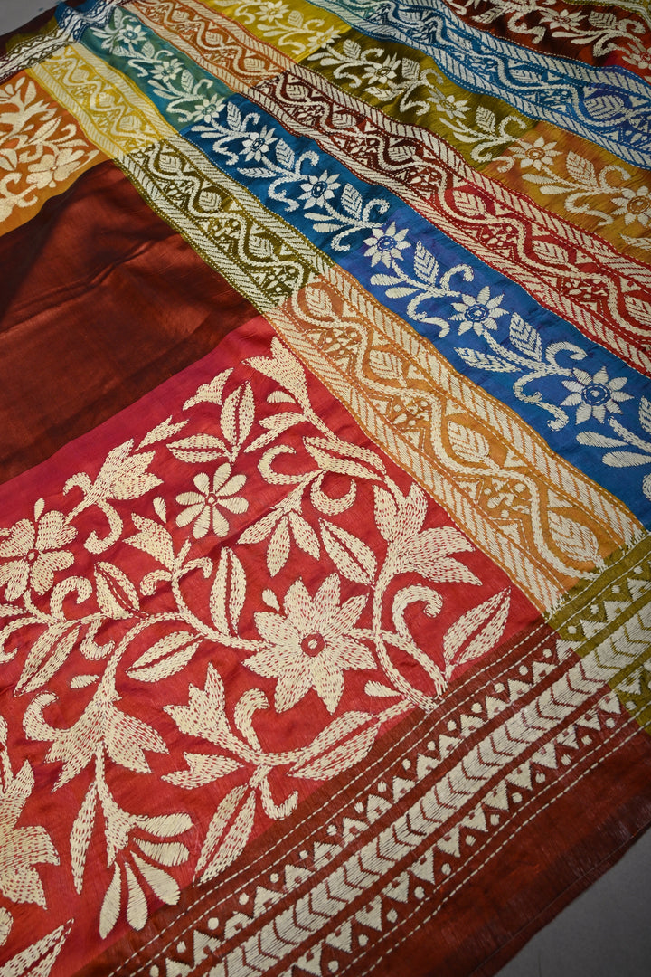Pure Katan Silk Saree in Rust and Multicolor Pallu with intricate Hand Kantha Embroidery | SILK MARK CERTIFIED | SHOBITAM