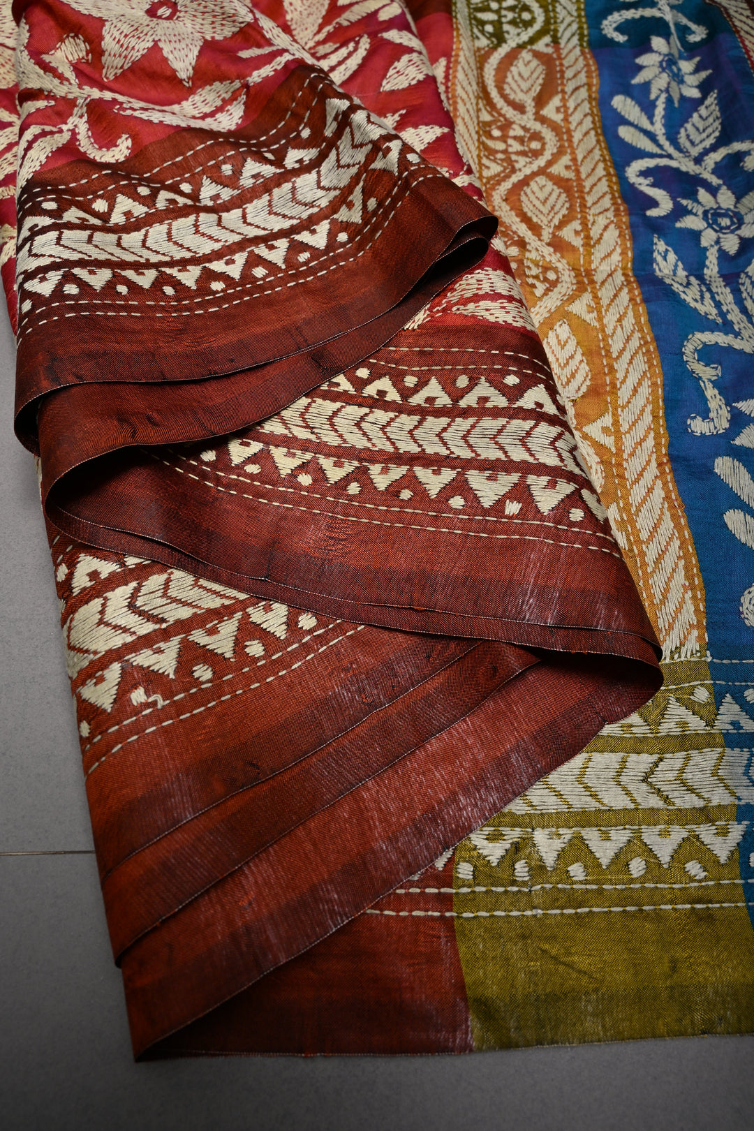 Pure Katan Silk Saree in Rust and Multicolor Pallu with intricate Hand Kantha Embroidery | SILK MARK CERTIFIED | SHOBITAM
