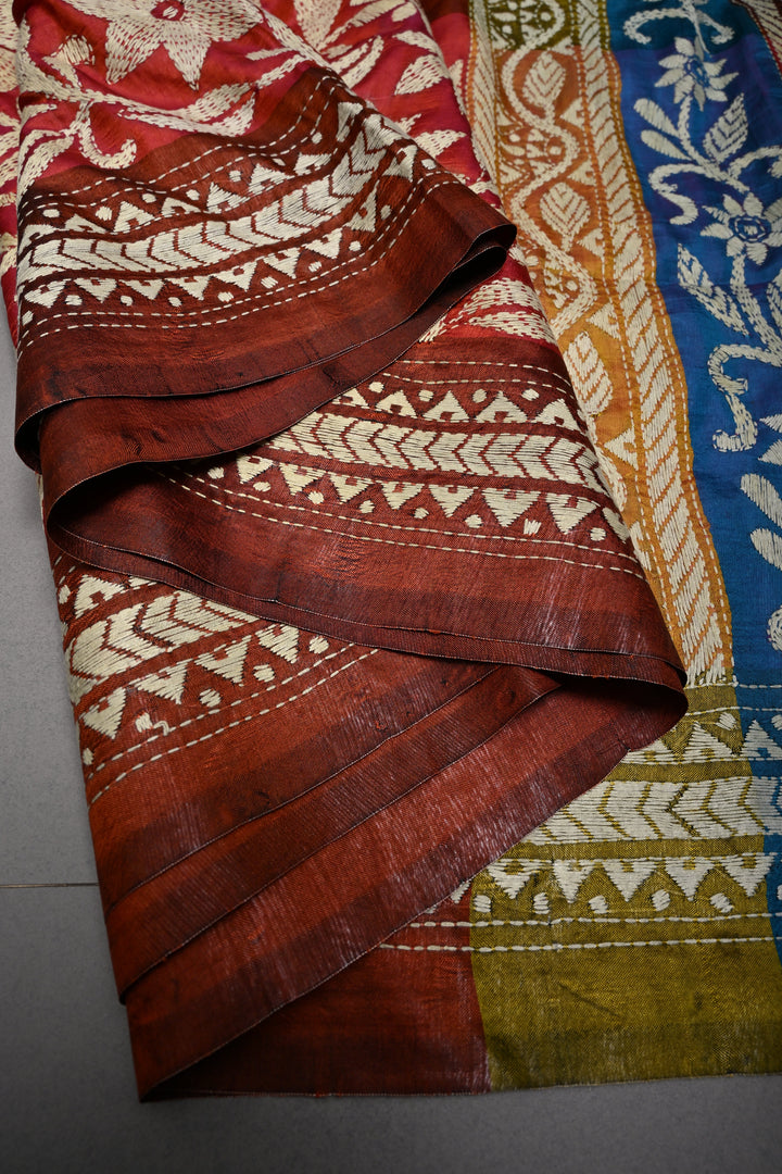Pure Katan Silk Saree in Rust and Multicolor Pallu with intricate Hand Kantha Embroidery | SILK MARK CERTIFIED | SHOBITAM