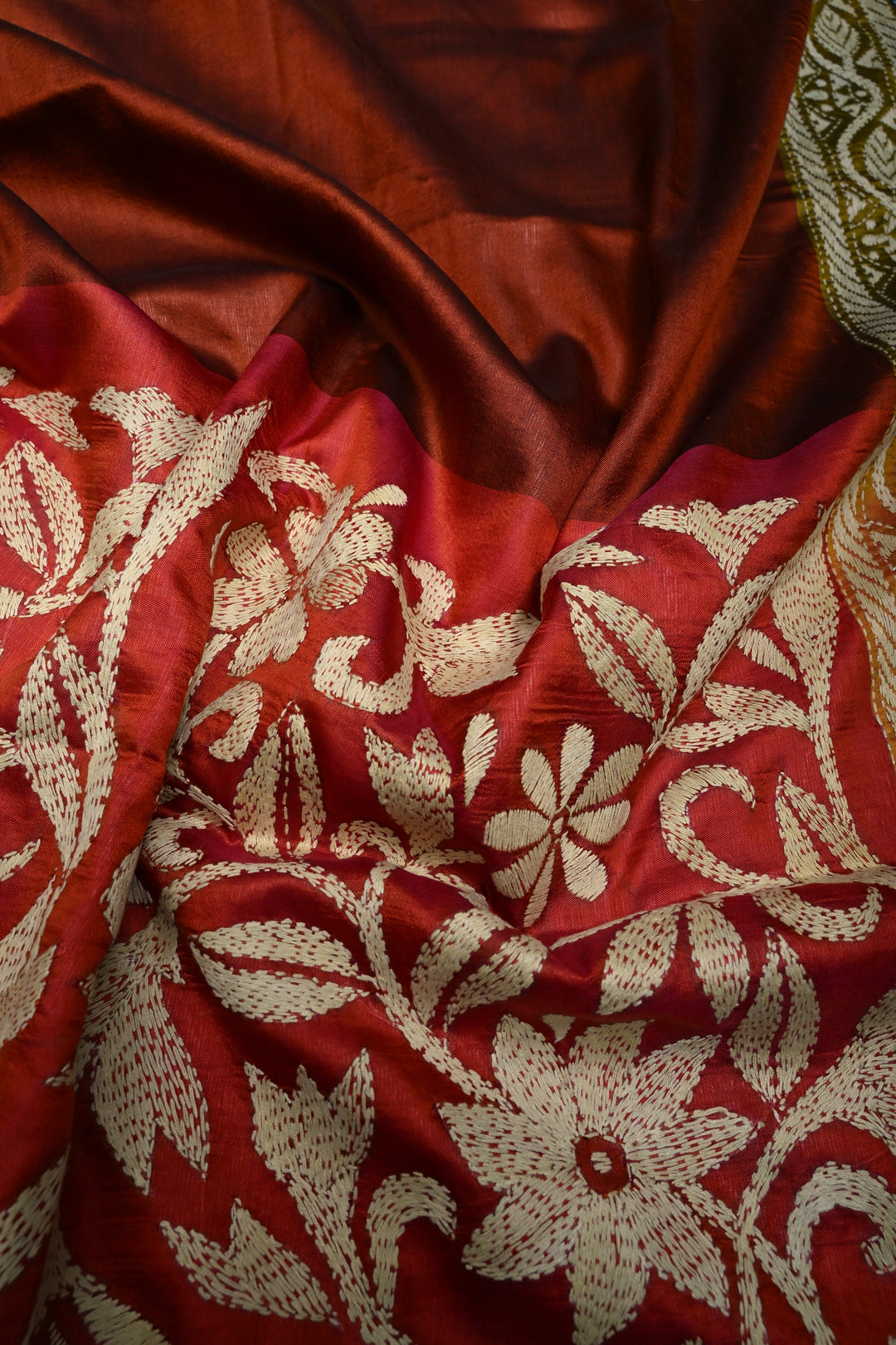 Pure Katan Silk Saree in Rust and Multicolor Pallu with intricate Hand Kantha Embroidery | SILK MARK CERTIFIED | SHOBITAM
