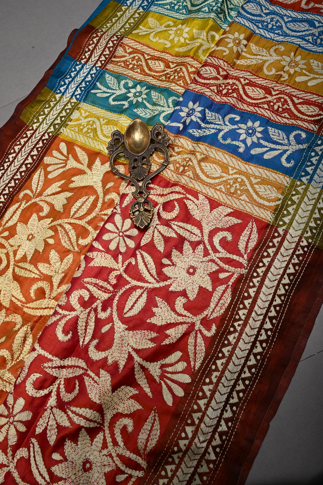 Pure Katan Silk Saree in Rust and Multicolor Pallu with intricate Hand Kantha Embroidery | SILK MARK CERTIFIED | SHOBITAM
