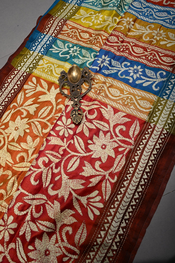 Pure Katan Silk Saree in Rust and Multicolor Pallu with intricate Hand Kantha Embroidery | SILK MARK CERTIFIED | SHOBITAM