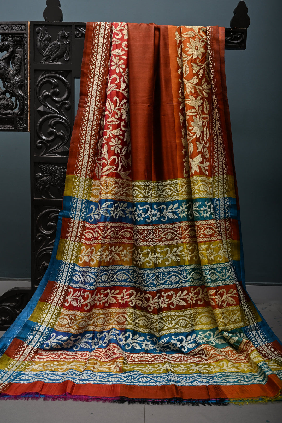 Pure Katan Silk Saree in Rust and Multicolor Pallu with intricate Hand Kantha Embroidery | SILK MARK CERTIFIED | SHOBITAM