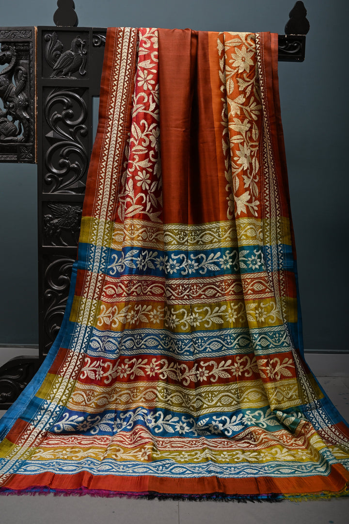 Pure Katan Silk Saree in Rust and Multicolor Pallu with intricate Hand Kantha Embroidery | SILK MARK CERTIFIED | SHOBITAM
