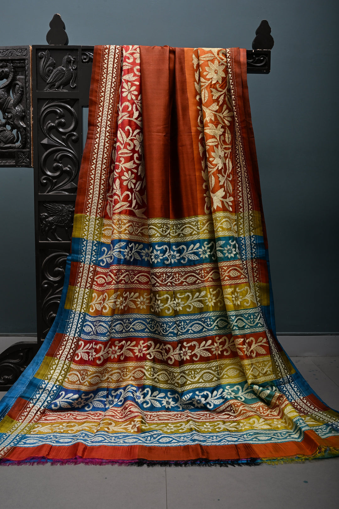 Pure Katan Silk Saree in Rust and Multicolor Pallu with intricate Hand Kantha Embroidery | SILK MARK CERTIFIED | SHOBITAM