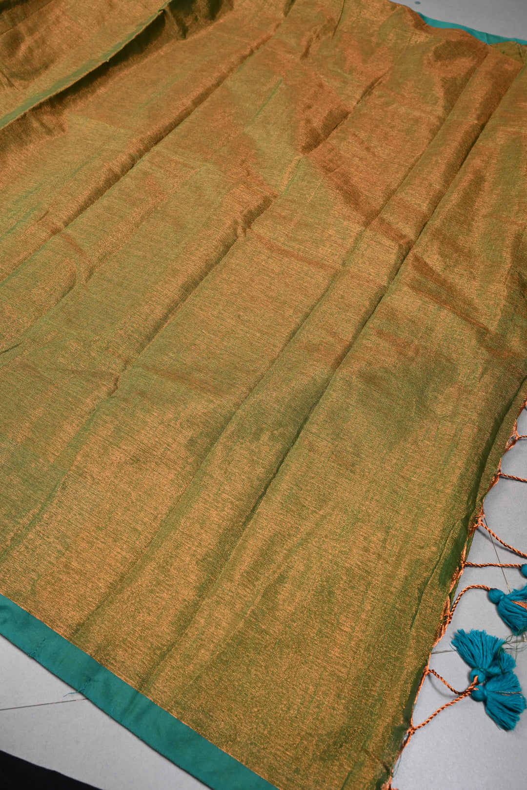 Green-Gold Tissue by Tissue Saree with Minimal Border ,No Blouse Piece| SHOBITAM