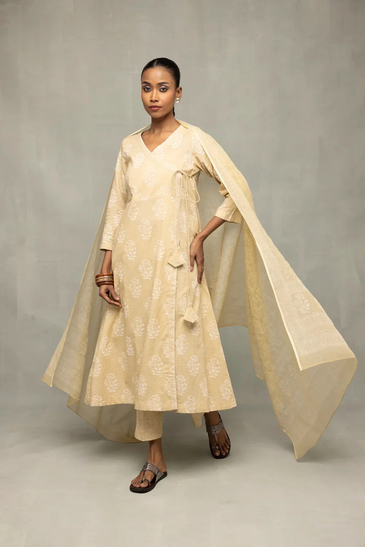 Sahara Gold Hand-Block Printed Angrakha Kurta Set with Dupatta | SHOBITAM